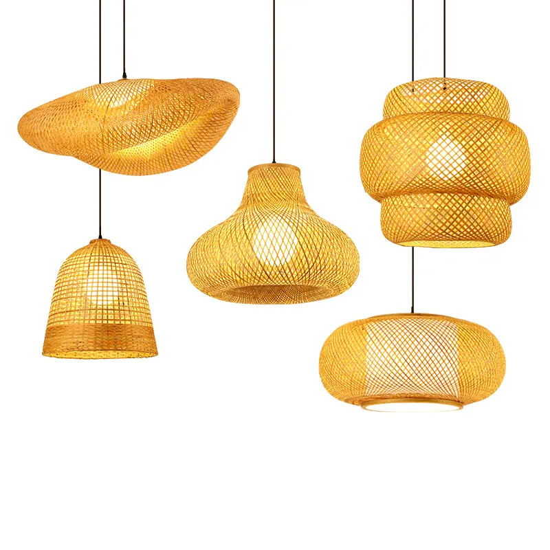 Lâmpadas retrô de vime artesanal suspensas, pingente de rattan, arte luminosa, lustre em tecido de bambu