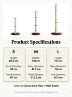 Griffoir pour chat en sisal naturel, arbre à chat avec base anti-basculement lestée, trois tailles disponibles pour chats d'intérieur