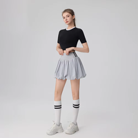 Setelan Rok Kasual Bulu Tangkis/Golf/Tenis Lengan Pendek Motif Bunga Musim Panas, Bahan Spandex/Nilon 220g, Kerah Bulat, Model Ramping untuk Wanita