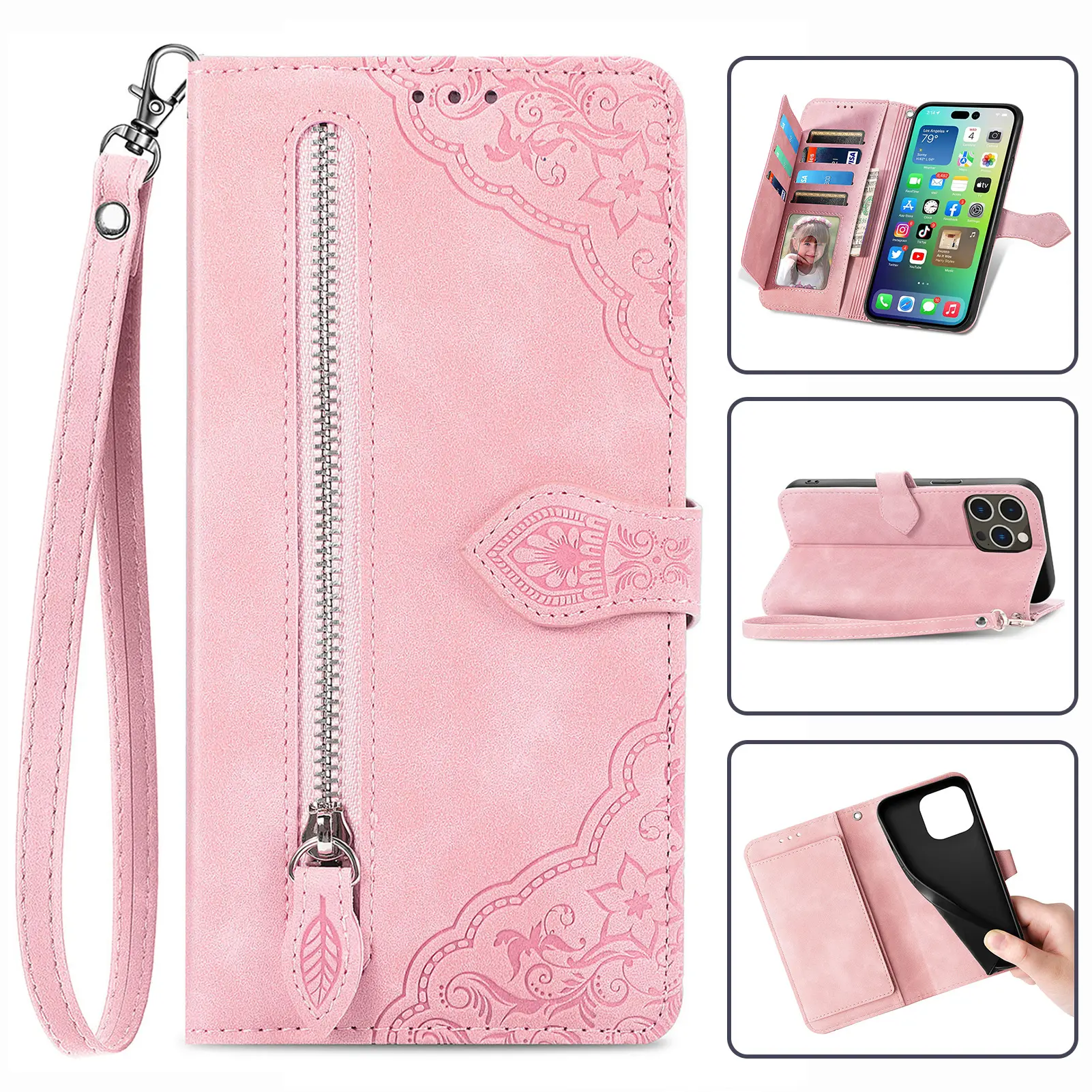 For iPhone 14Pro Phone Case Apple 13 Phone Leather Case Zipper Wallet Flap Samsung Galaxy S23 Protective Cover