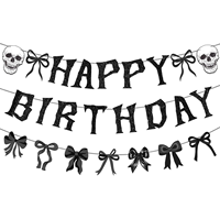 Décorations de fête d'anniversaire gothiques noires avec nœud, bannière Joyeux Anniversaire, guirlande Crâne et Squelette pour fête gothique et Halloween effrayant
