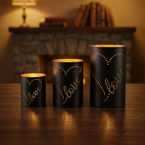 Sonnet Decor – Ensemble de 3 bougeoirs cylindriques en métal faits à la main, motif cœur découpé, en fer résistant à la chaleur, pour décoration de Noël et de la maison - Product Image 2