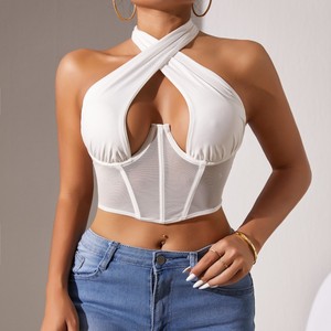 Mesh Hanging Neck Tie Wrap Sexy Fishbone Steel Ring Outside Wear Backless Women's <b>Top</b> Shirt Fashion - Product Image 3