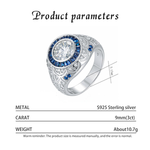 Anillo Art Deco de Plata de Ley 925 Directo de Fábrica, Anillo de Compromiso y Boda con Moissanita Azul Corte Baguette Halo Redondo para Hombre y Mujer - Product Image 6