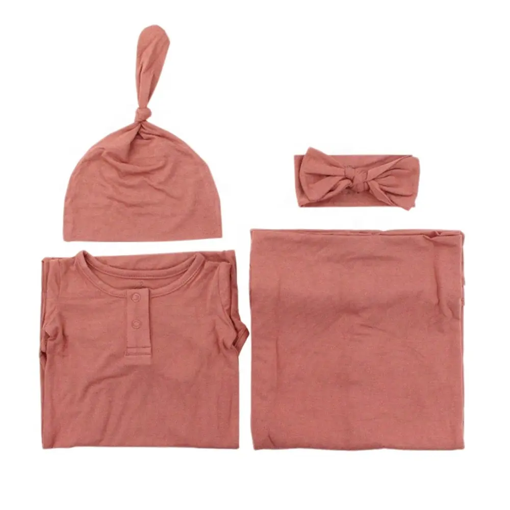 Conjunto de ropa personalizada de fábrica para bebé, gorro con lazo de bambú suave, Rosa óxido, venta al por mayor