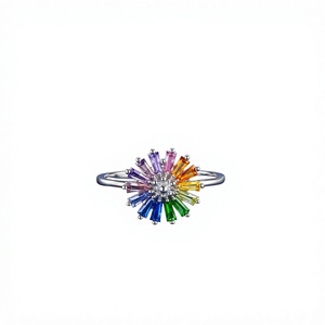 925 <b>Silver</b> Rainbow Crystal Flower Cocktail Ring Baguette Cut Prong Setting Trendy Unisex Jewelry - Product Image 1