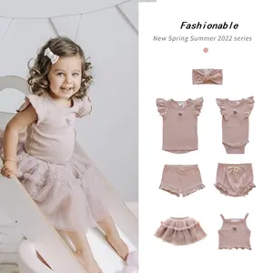 Ivy83582A Summer baby pure cotton ribbed fly sleeve slip vest top girls lovely tulle tutu skirt suit infant pink ruffle bloomers