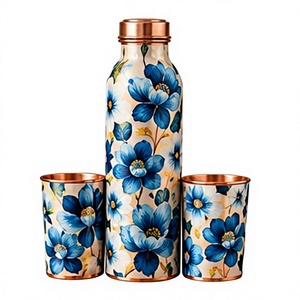 Juego de Botella de Agua de Cobre con Diseño Floral Azul Vintage, con 2 Tazas, Termo Metálico Portátil para Viajes - Product Image 1