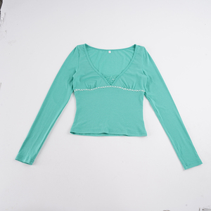 Women's Lace Trim V Neck Ribbed Knit Long Sleeve <b>Crop</b> <b>Top</b> Slim Fit Casual Y2K Fashion Women's T Shirt - Product Image 2