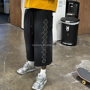 Custom Sun Faded Embroidery Sweat <strong>Shorts</strong> 3/4 Extend Long Jogger <strong>Vintage</strong> Distressed Rhinestone Acid Washed Baggy <strong>Shorts</strong> for <strong>Men</strong> - Product Image 1