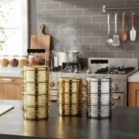 Boîte à lunch de luxe en acier inoxydable doré de 15 cm, 4 étages, gravée de motifs floraux, empilable, pour mariage ou cadeau