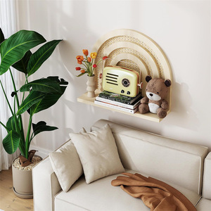 Wooden Wall <b>Shelf</b> Bohemian Style Rattan Arch Design Natural Color Wall Mounted Storage <b>Rack</b> For Living Room Bedroom Display - Product Image 2