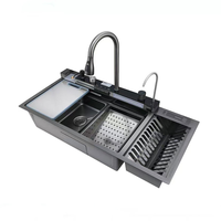 Slimme RVS spoelbak met honingraatstructuur, dubbele bak, digitaal display en watervalfunctie, inclusief afdruiprek