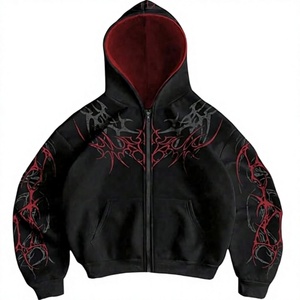 Men's Gothic <b>Zip</b>-Up <b>Hoodie</b> <b>Black</b> Red Tribal Print Fleece Regular Fit Autumn Wear - Product Image 1