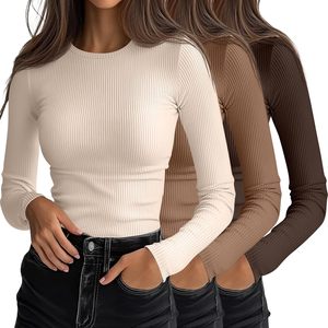 Camiseta de Manga Larga Acanalada para Mujer, Cuello Redondo, Tejido Sólido Elástico, Uso Diario Informal, Precio al por Mayor, OEM, Barata 2026 - Product Image 1