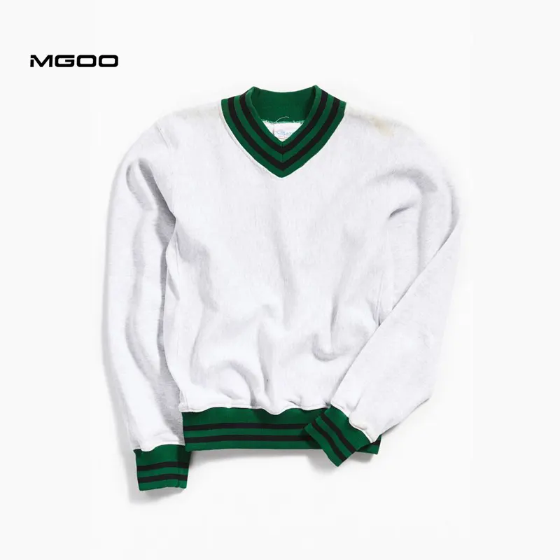 MGOO Custom Blank Sweatshirts mit V-Ausschnitt Herren Striped Ribbing Cuff Pullover 100% Baumwolle Fleece Sweatshirt