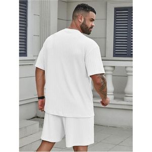 FOXA Men's 2 Piece Summer Outfit Textured T Shirt And Shorts <b>Set</b> Breathable Cotton <b>Knitted</b> Big And Tall - Product Image 2