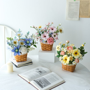 Cesta de mimbre tejida, ramo de flores artificiales, arreglo de flores de seda para sala de estar, decoración del hogar, accesorios de fotografía de boda - Product Image 1