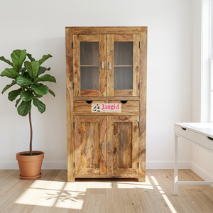Armario moderno de madera maciza de Sheesham y vidrio, hecho a mano, con 4 puertas y 2 cajones, para sala de estar, hotel o casa de campo. - Product Image 2