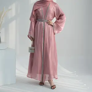 Middle East Muslim Islamic Clothing Dubai Turkey Abaya Daily Solid Color Trim Women Robe Cardigan