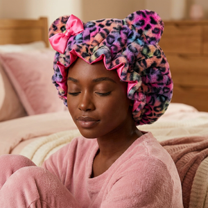 <span class=keywords><strong>Bonnet</strong></span> de nuit en peluche de luxe pour femme, motif léopard, avec capuche protectrice, pour le sommeil, le coiffage et les soins capillaires - Product Image 3