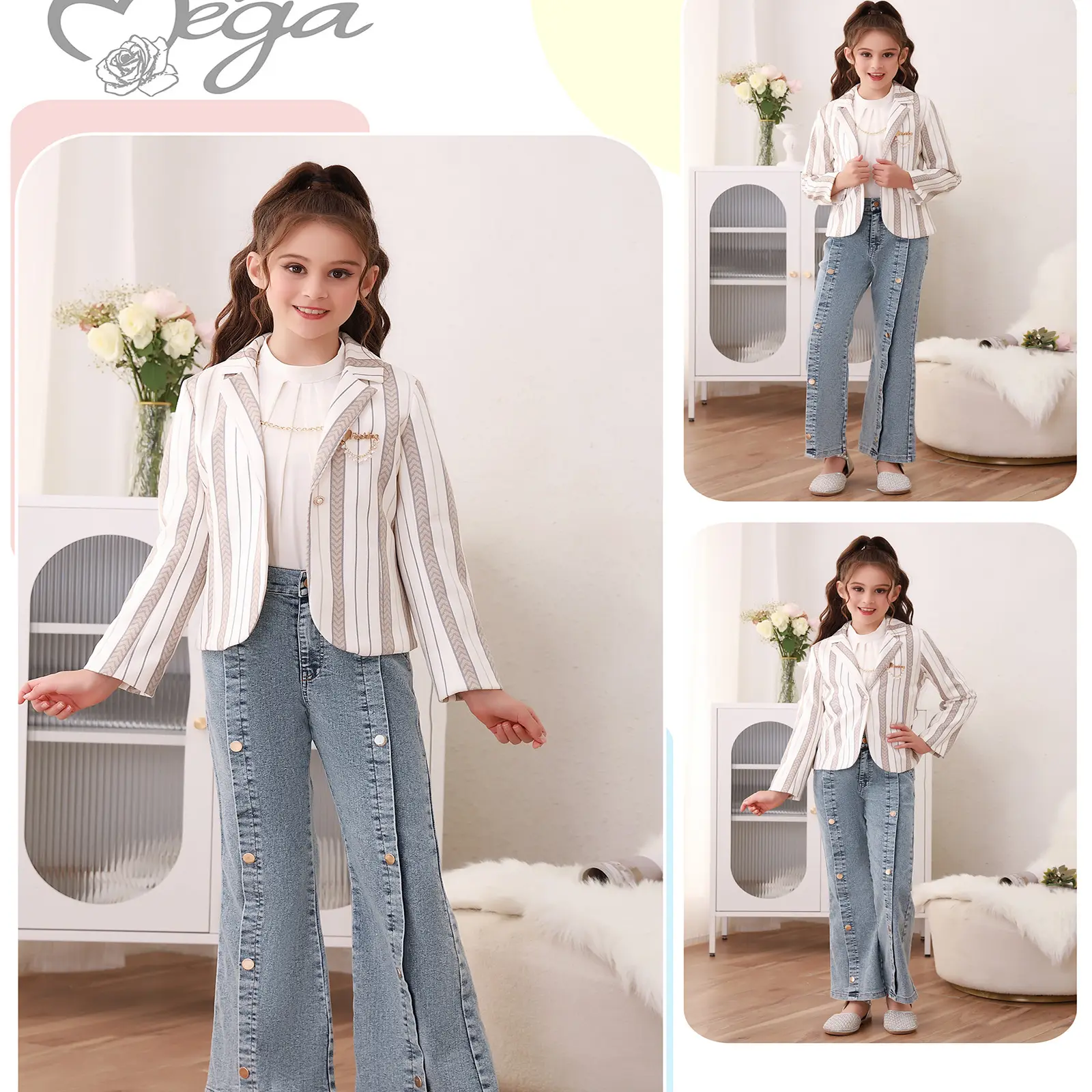 Abbigliamento per bambini del Medio Oriente 2024 autunno nuovo cappotto di velluto in pelle di cervo da ragazza Set con scollatura rotonda con fondo camicia a gamba larga Jeans