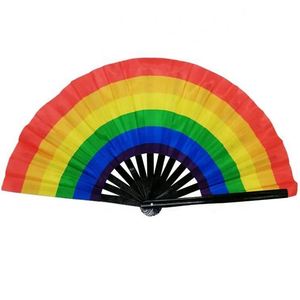 Large Folding Rainbow Hand Fan for Dance Music Festival Carved Fairy Style with Bamboo Ribs for Drag Queen Rave - Product Image 2