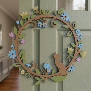 Corona de metal rústica con flores azules y hojas verdes, hecha a mano, decorativa, de forma redonda, sin iluminación, diseñada para uso en interiores. - Product Image 4