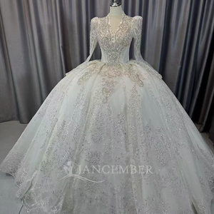 Lscm93 Luxury Ball Gown <b>Wedding</b> Dress Deep V Illusion Neck Crystal Beaded Long Sleeve Bridal Gown Glitter Jancember - Product Image 3