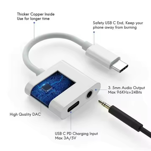 อะแดปเตอร์ USB Type C แบบ 2-in-1 สำหรับขายส่ง พร้อมช่องเสียบเสียง Aux 3.5 มม. และช่องเสียบชาร์จ  หัวแยกเสียงสำหรับหูฟัง พร้อมปลอกหุ้ม PVC และสายถักป้องกันสัญญาณรบกวน - Product Image 4