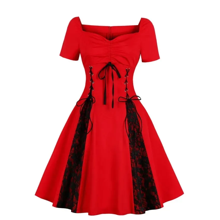 Ecowalson Plus Size Dress 2023 Summer Women Vintage Black Red Lace Up Dress Ruched Bust Tie Front Gothic Tunic Rockabilly Dress