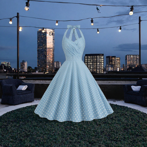 Blue Polka Dot Halter Maxi <b>Dress</b> Vintage <b>Rockabilly</b> Party <b>Dress</b> for Women - Product Image 2