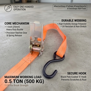 Correas de Amarre de Poliéster Resistentes de 1 Pulgada y 0.5 Toneladas con Gancho Plano, Resistencia a la Rotura de 500 kg, para Transporte Seguro de Motocicletas y Cuatrimotos - Product Image 1