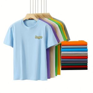 Camiseta de punto de algodón puro de 200 gramos para hombre, manga corta, cuello redondo, color liso, ajuste holgado, antipilling, marca de moda. - Product Image 1