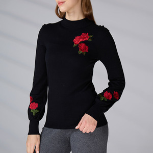 Custom Black Long Sleeved <b>Jumper</b> Winter <b>Pullover</b> Knitwear Crew Neck Knitted Top Women Embroidered Floral Sweater for Women - Product Image 3