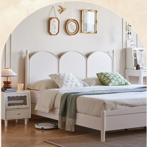 Lit en bois massif de style français 1,35 m, lit plateforme blanc, chambre principale, lit princesse rétro américain - Product Image 1