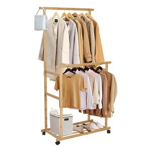 Porte-vêtements en bambou Double Rails suspendus Porte-vêtements <span class=keywords><strong>sur</strong></span> roues Porte-vêtements autoportant avec étagères de rangement 80*40*160cm - Product Image 1