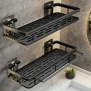 suppliers custom aluminum wall mounted black bathroom shelves shower double layers black self adhesive shower caddy shelf