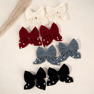 CN Winter Color sólido Barrette Hair Bow Clip <span class=keywords><strong>con</strong></span> perlas blancas Horquillas para el cabello Sailor Long Tails Velvet Hair Clip Mujeres Niñas - Product Image 2