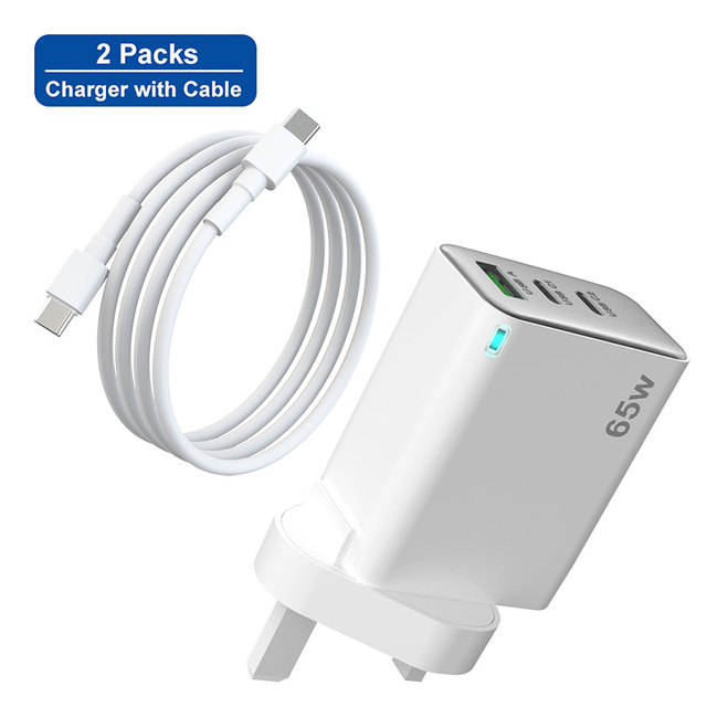 Safe Certified UK 65W 3-Port USB C/A Charger GaN Tech Fast Charging Cable Charger Sets for Laptop Phone Power Bank