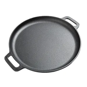 Utensilios de cocina directos de fábrica, sartén para hornear de hierro fundido, sartén para Pizza pre-sazonada, sartén redonda con asas para barbacoa