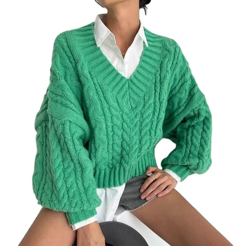 Custom Design Sweater Ladies Knitted Sweaters Featuring long sleeves Women V-neck Overs Sweater Kelly Green Knit V Jumper