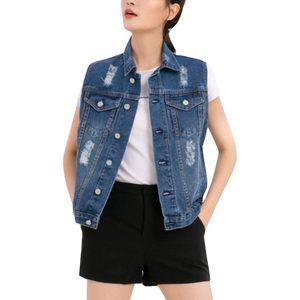 FOXA Womens Denim Vest Sleeveless Buttoned Distressed Washed Jean Jacket With <b>Chest</b> Flap Pockets Vintage Style - Product Image 1