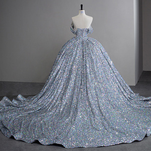 Silver Sequin Court Train Ball Gown Off the Shoulder Princess Evening Dresses Sfy23 - Product Image 2