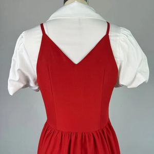 Bahar kısa puf kollu düz renk boy yaka yaka yüksek bel ince a-line iki adet kadın gömlek elbise - Product Image 5