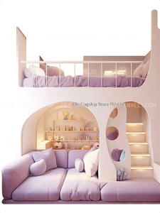 Cama litera minimalista <span class=keywords><strong>de</strong></span> madera maciza <span class=keywords><strong>de</strong></span> dos pisos para niña, modelo Purple Princess, con sofá inferior multifuncional. - Product Image 5