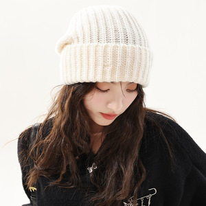Japanese Style Knitted Hat <b>Wool</b> Warm Winter <b>Beanie</b> For Women 56-58Cm Solid Color Pullover Hat - Product Image 1