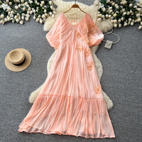 Robe longue d'été pour femme, col en V, broderie florale 3D, manches bouffantes, taille cintrée, fluide, idéale pour les vacances
