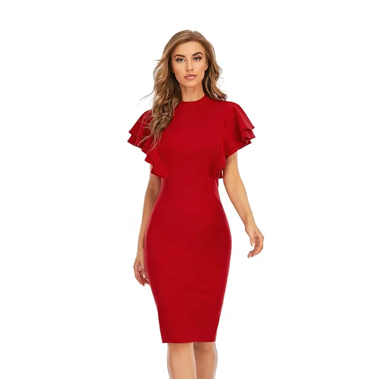 High Quality Vestido Rojo Usa Vendors Red Apparels Career Fall Clothing Women Winter Retro Red Rib Knitted Dress