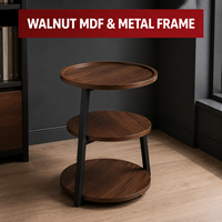 Table d'appoint ronde à 3 niveaux en bois MDF noyer avec étagères et structure en métal noir, table d'appoint moderne pour salon et chambre